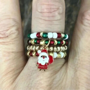 4 Piece Pack Santa Christmas Handmade Stretch Rings-  Red, Gold, White, Green